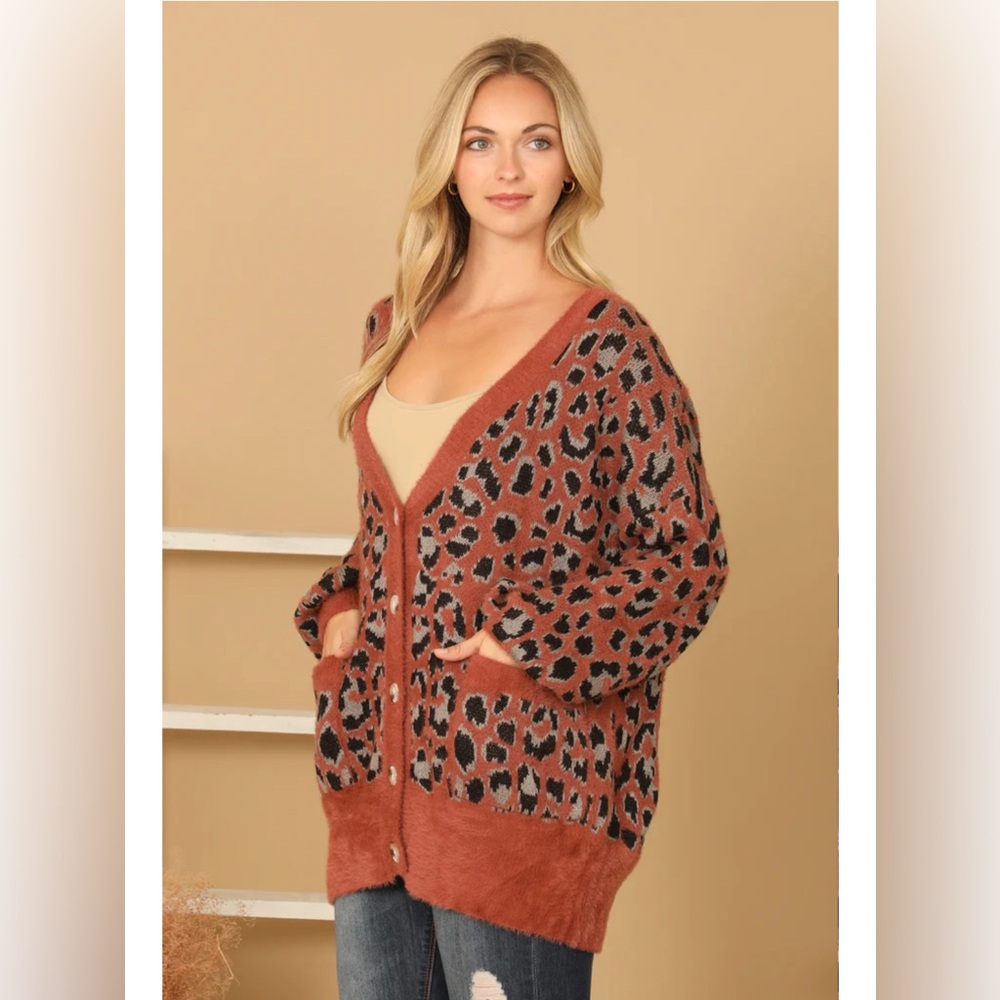 Leopard Print Women's Sweater Cardigan - Brown and Black NET. 153 M/L D 🌸